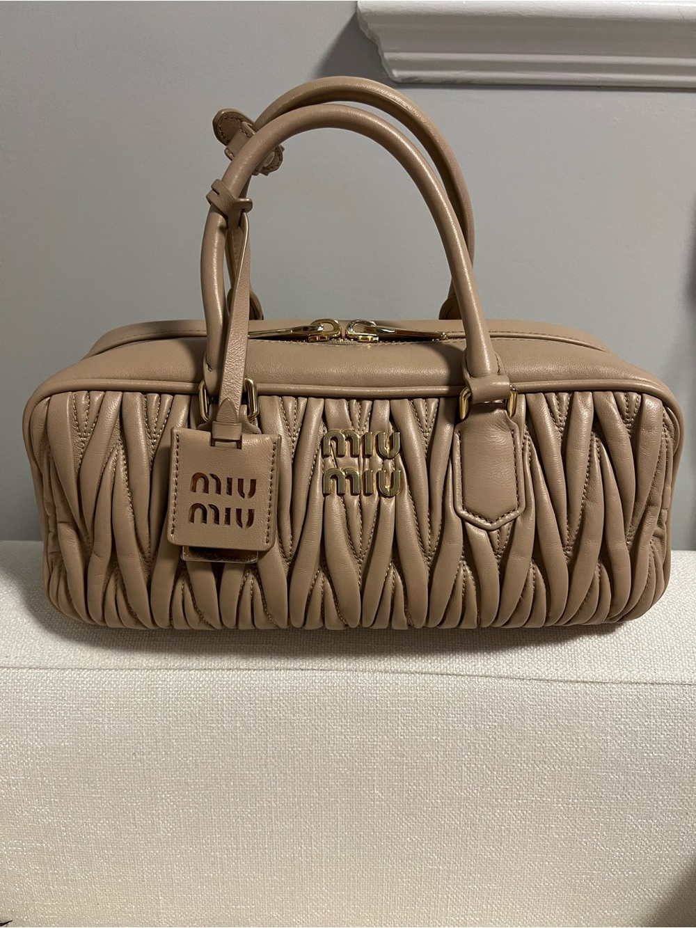 Miu Miu Arcadia Beige Matelassé Leather Top-Handle Bag